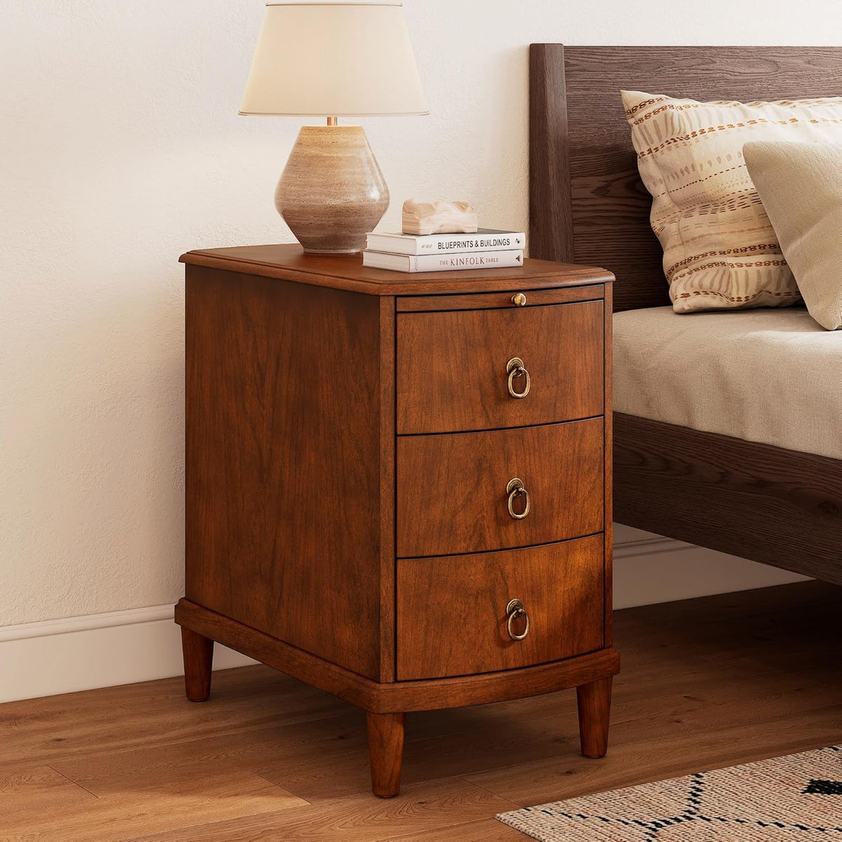 PADMA HOUSE Solid Wood End Table with 3 Drawers, Fully Assembled Nightstand with Sliding Shelf