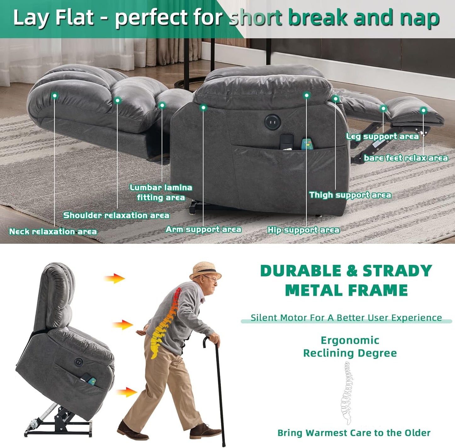 VIVIJASON Large Dual OKIN Motor Lay Flat Sleeper Lift Recliner Chair with Heat & Massage for