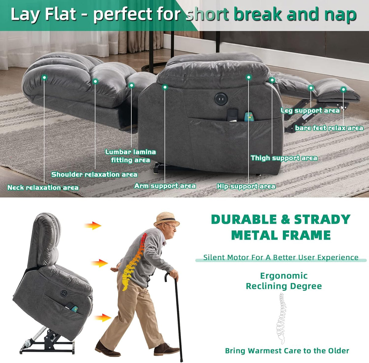 VIVIJASON Large Dual OKIN Motor Lay Flat Sleeper Lift Recliner Chair with Heat & Massage for