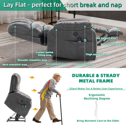 VIVIJASON Large Dual OKIN Motor Lay Flat Sleeper Lift Recliner Chair with Heat & Massage for