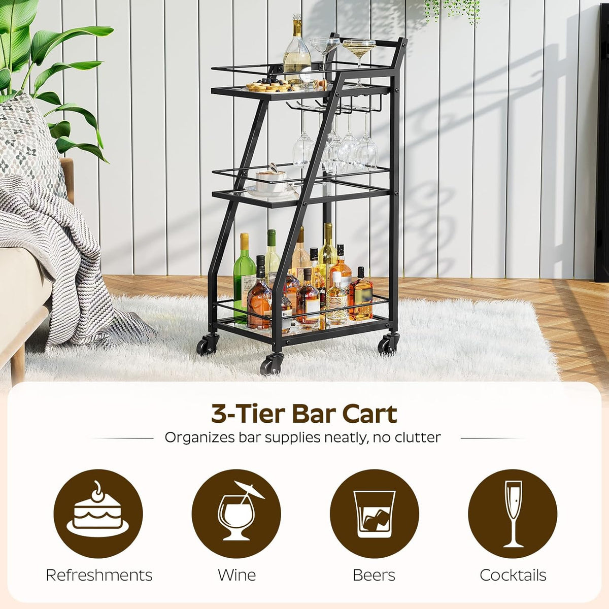 Bar Cart, 3-Tier Bar Cart for The Home, Home Bar Serving Cart with Glass Holders, Beverage Cart for