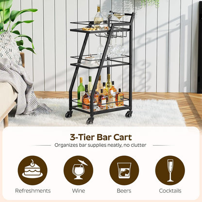 Bar Cart, 3-Tier Bar Cart for The Home, Home Bar Serving Cart with Glass Holders, Beverage Cart for