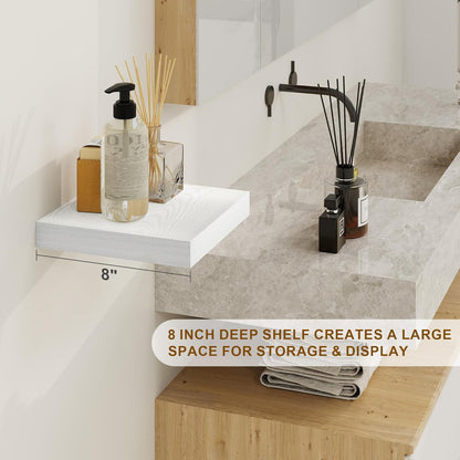 8 Inch Deep Floating Shelves White, Rustic Wood Floating Shelf for Home Decor, 8 x 8 Inch Square