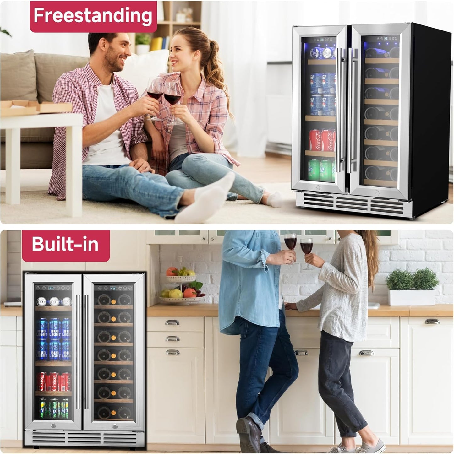 24" Wine and Beverage Refrigerator, Dual Zone Wine Cooler with Glass Door, Hold 88 Cans & 21