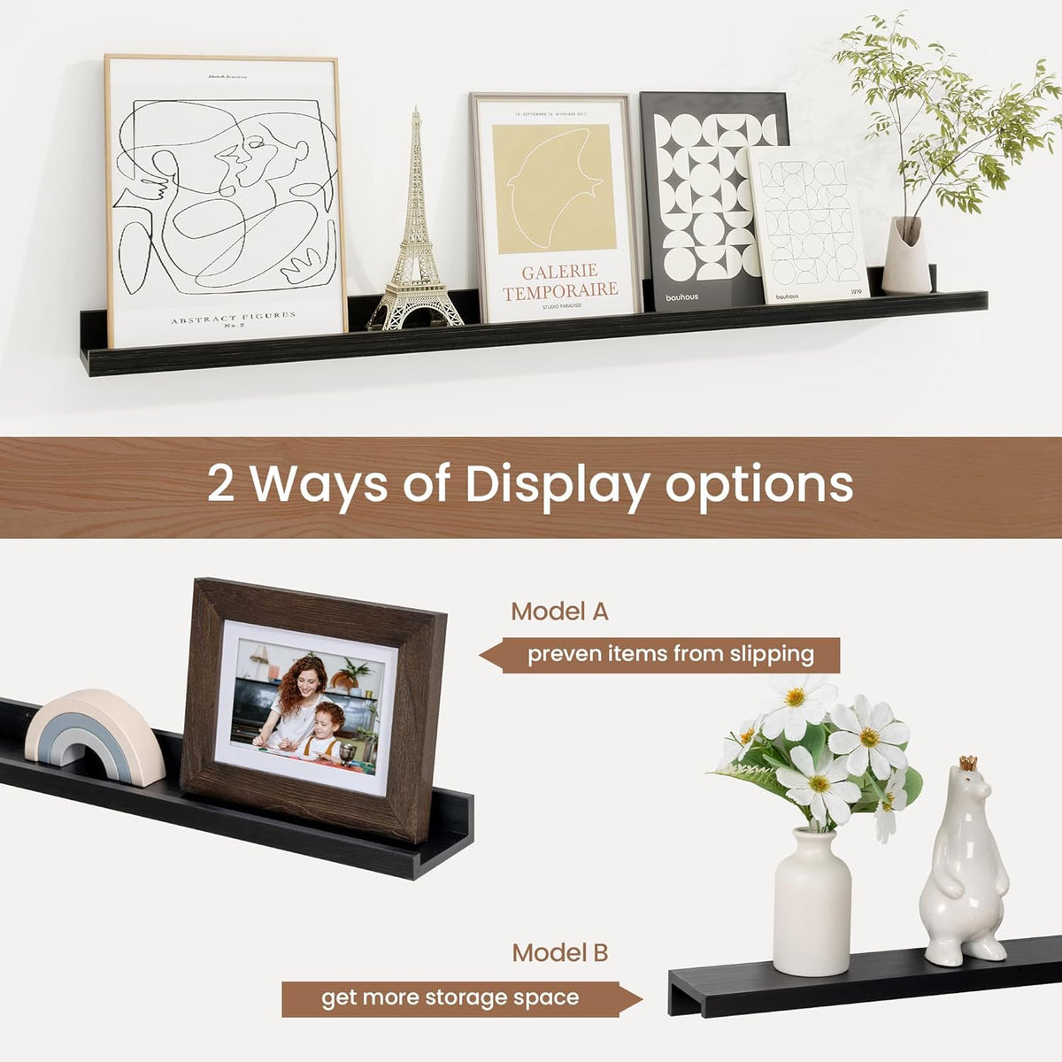 Picture Ledge Shelf, Solid Pine Wood Floating Shelves Set of 2, 36 Inches Nursery Book Shelves for