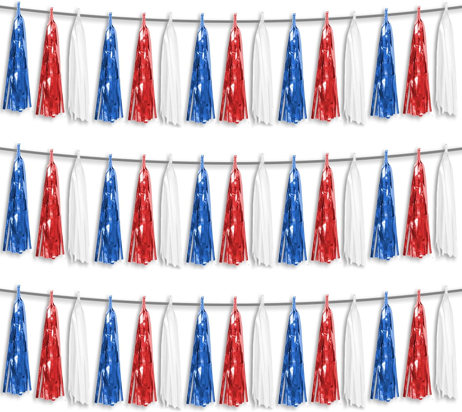 3P Red Blue White Foil Fringe Metallic Tassel Streamers Banner Tassel Garland for Parade Floats