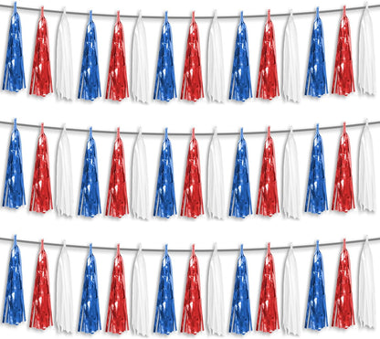 3P Red Blue White Foil Fringe Metallic Tassel Streamers Banner Tassel Garland for Parade Floats