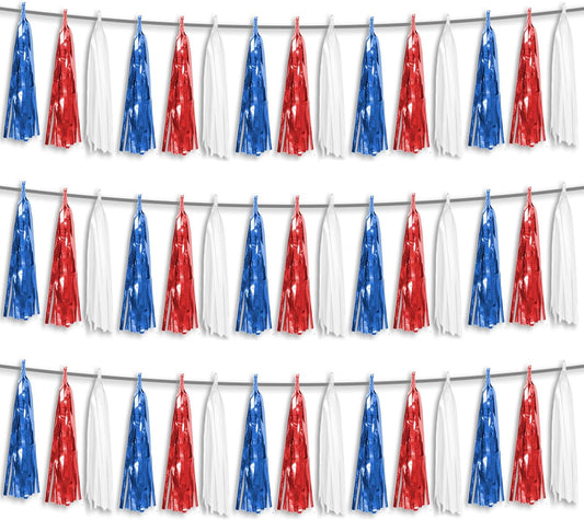 3P Red Blue White Foil Fringe Metallic Tassel Streamers Banner Tassel Garland for Parade Floats