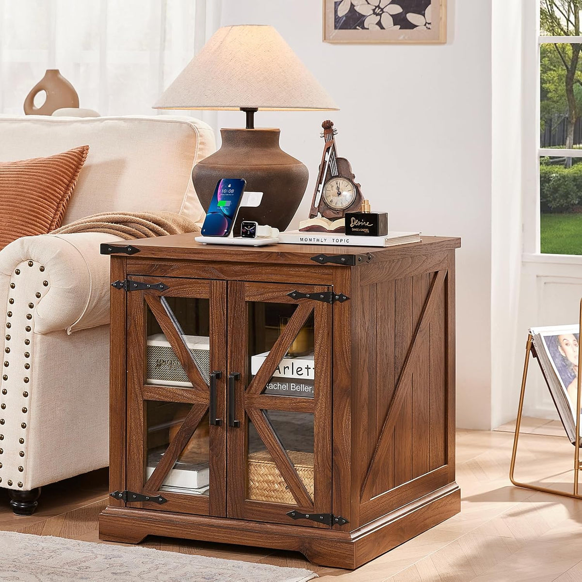 24" End Table with Charging Station, Farmhouse Night Stand with Glass Barn Door, Green Nightstands