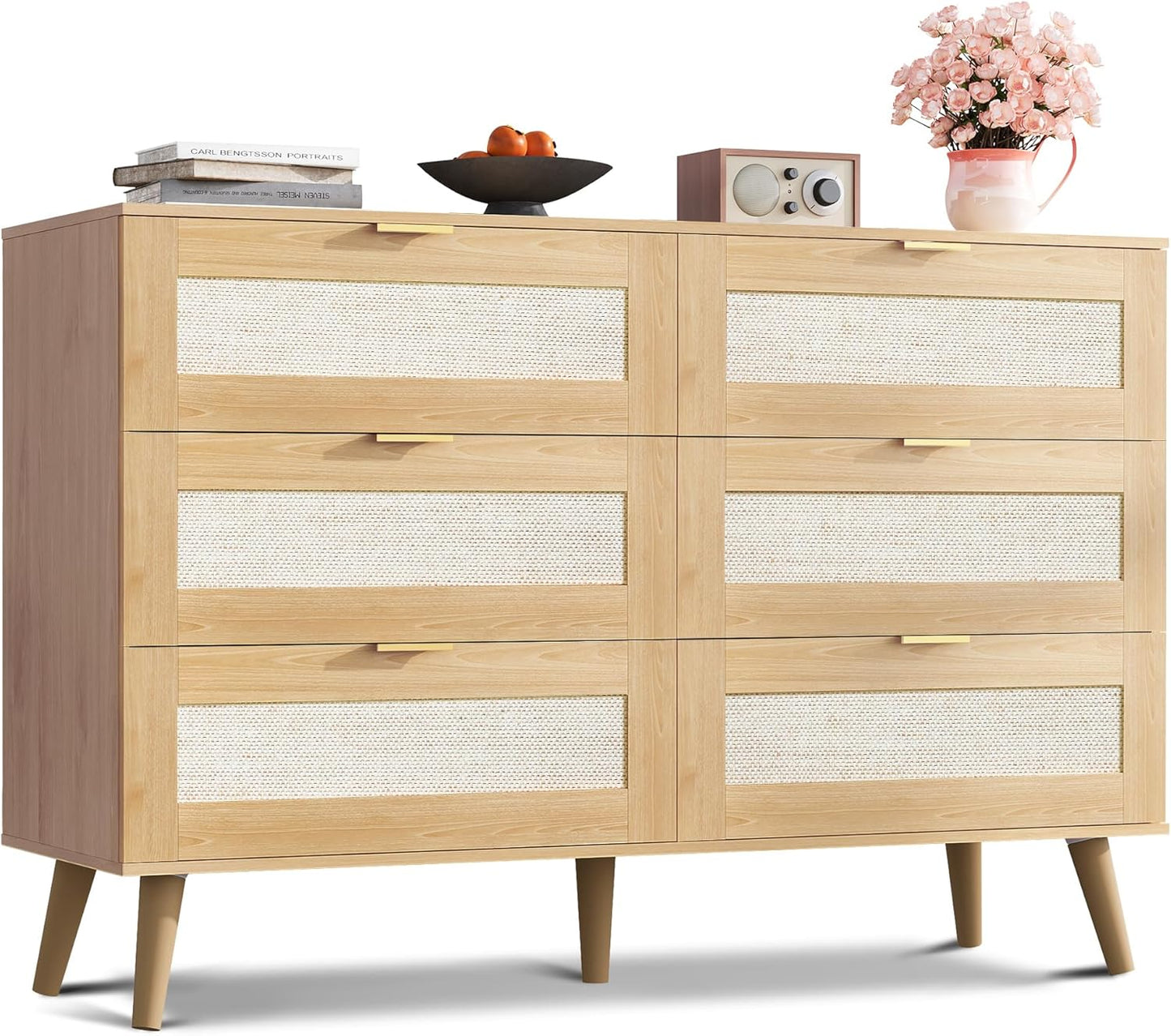 WLIVE Rattan Dresser for Bedroom, 6 Drawer 47.24'' Wide Boho Wood Dresser, Chest of Drawers, Gold