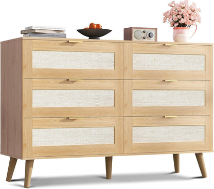 WLIVE Rattan Dresser for Bedroom, 6 Drawer 47.24'' Wide Boho Wood Dresser, Chest of Drawers, Gold