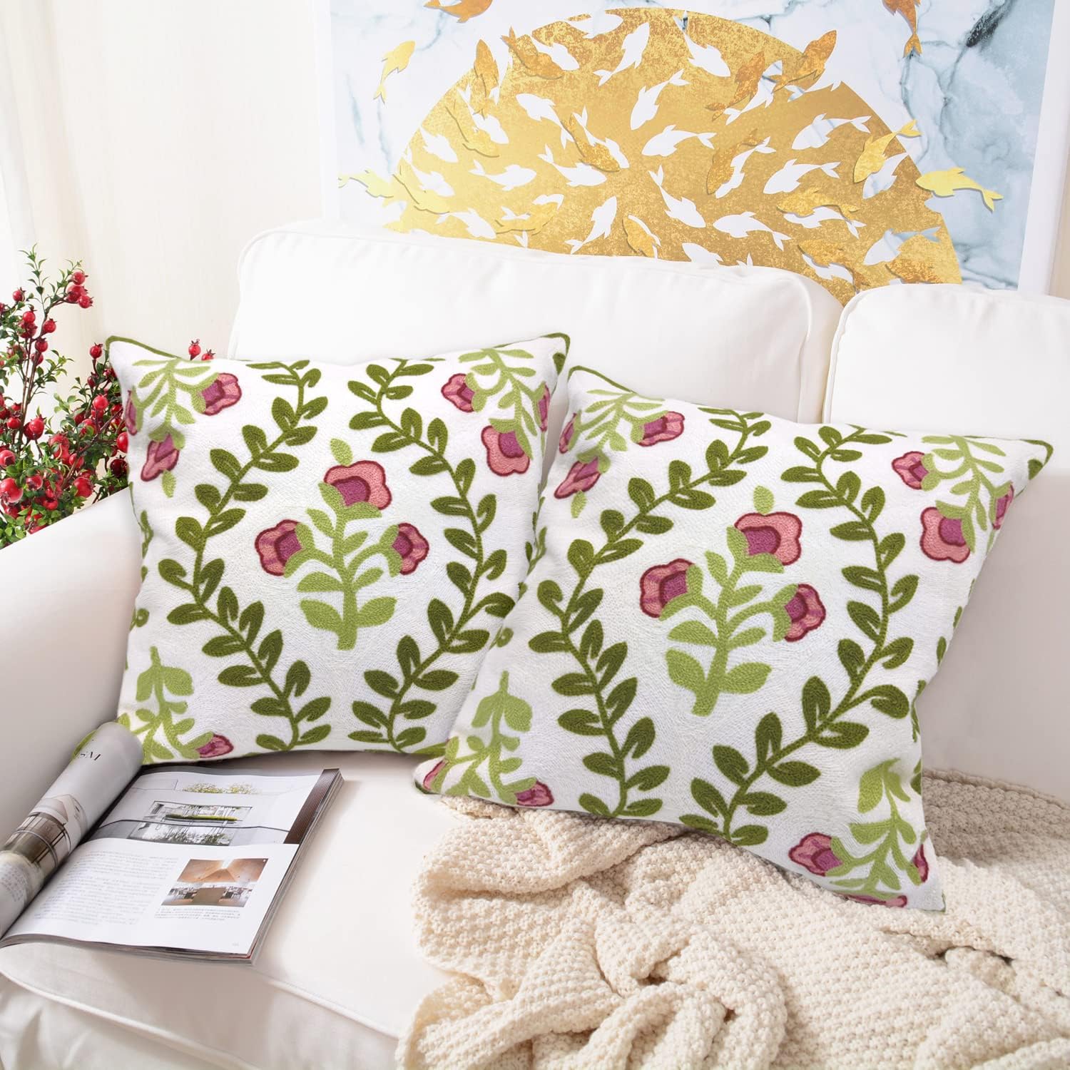Alysheer Floral Embroidered Summer Decorative Throw Pillow Covers 18"x 18" Set of 2, Farmhouse
