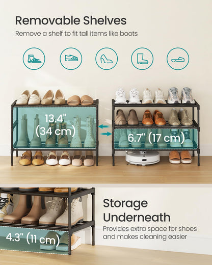 SONGMICS 3-Tier Shoe Rack, Stackable Compact Metal Shoe Storage Organizer