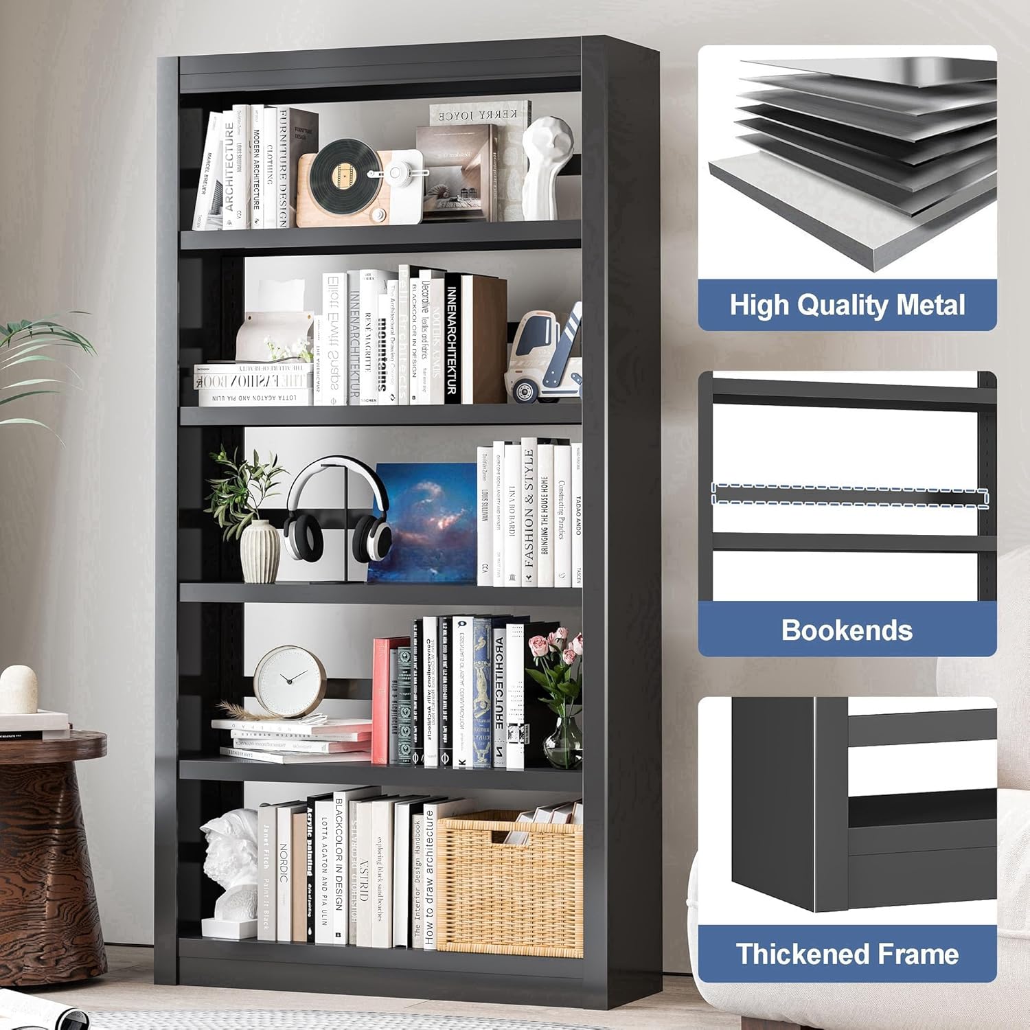 Metal Bookshelf Adjustable - 61" Tall Black Bookcase, 5 Tier Book Shelf, Tooless Assembly Book