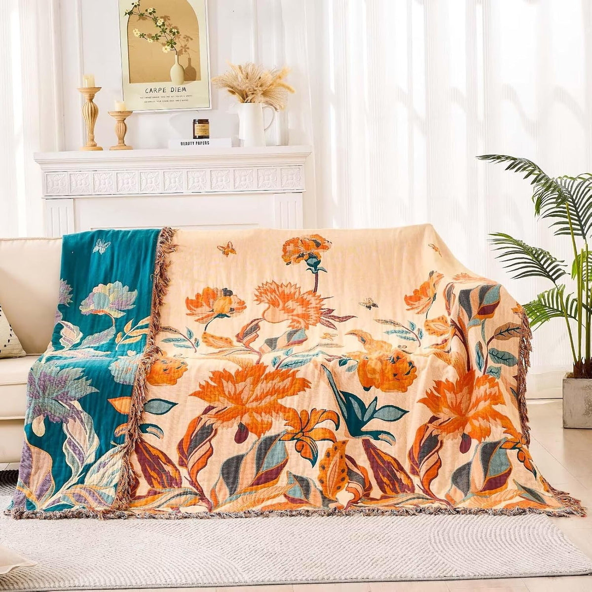 Boho Throw Blanket for Bed, 100% Cotton Soft Rustic Quilt Fall Blanket, 80" 90" Floral Printed