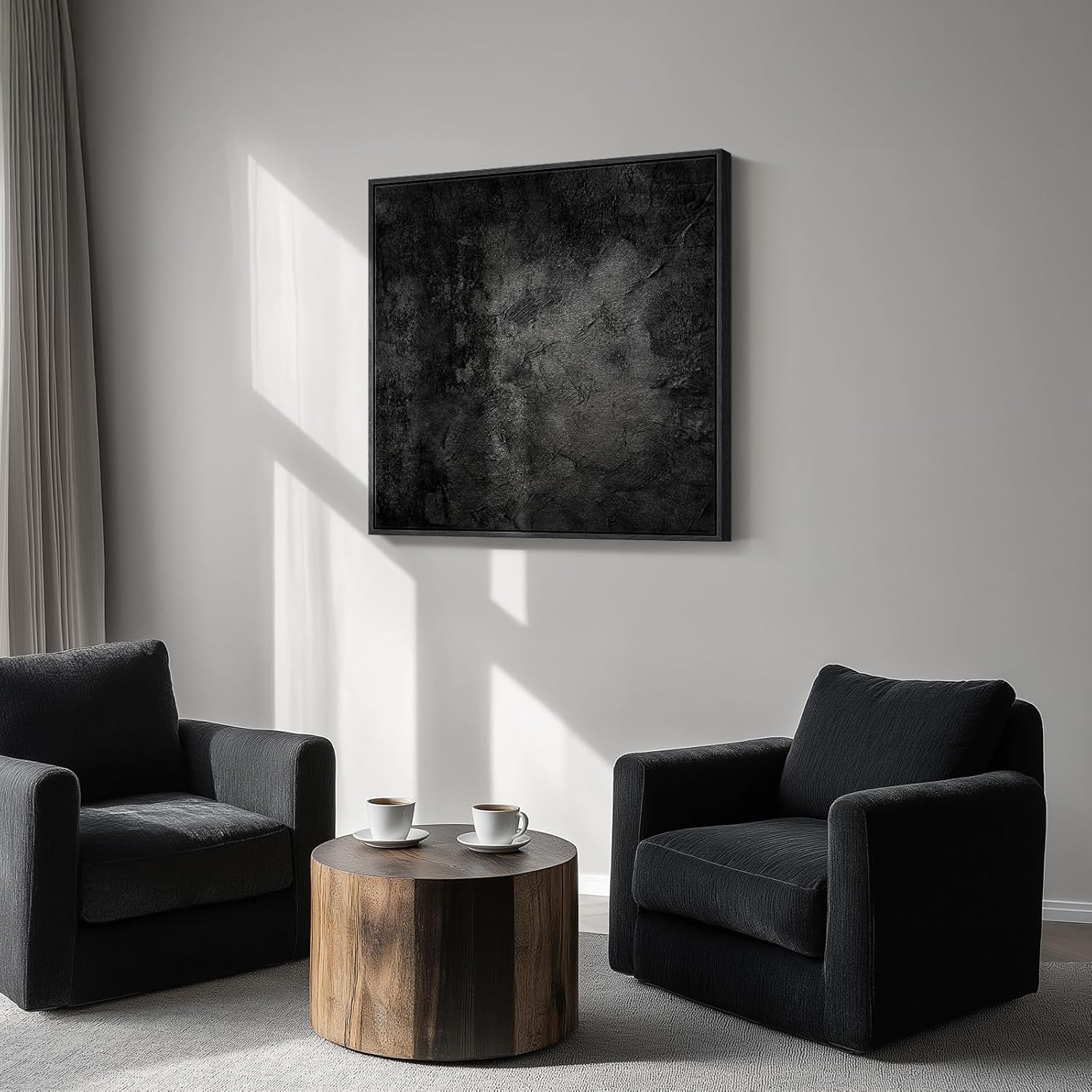 Framed Black Abstract Wall Art, Modern Canvas Prints Paintings Artwork for Walls, Square Minimalist