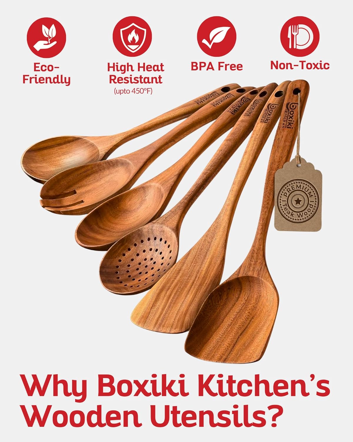 Boxiki Kitchen Luxury Teak Wood Utensil Set - Elegant 6-Piece Cooking Ensemble Including Spoons