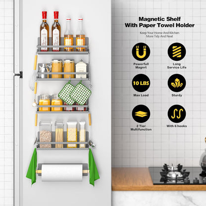 Magnetic Spice Rack Moveable Magnetic Shelf Organizer with Paper Towel Holder Kitchen Refrigerator
