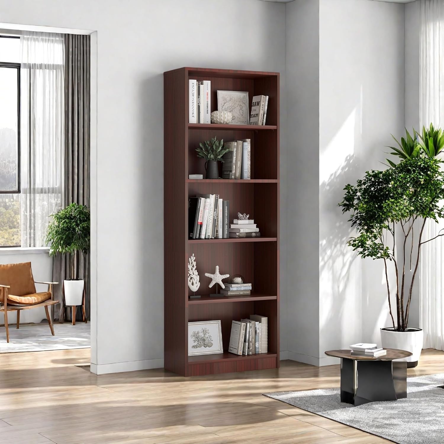 Bookshelf, Open Modern Bookshelf, 5 Shelf Bookcase with Freestanding Display Storage, Wooden Book