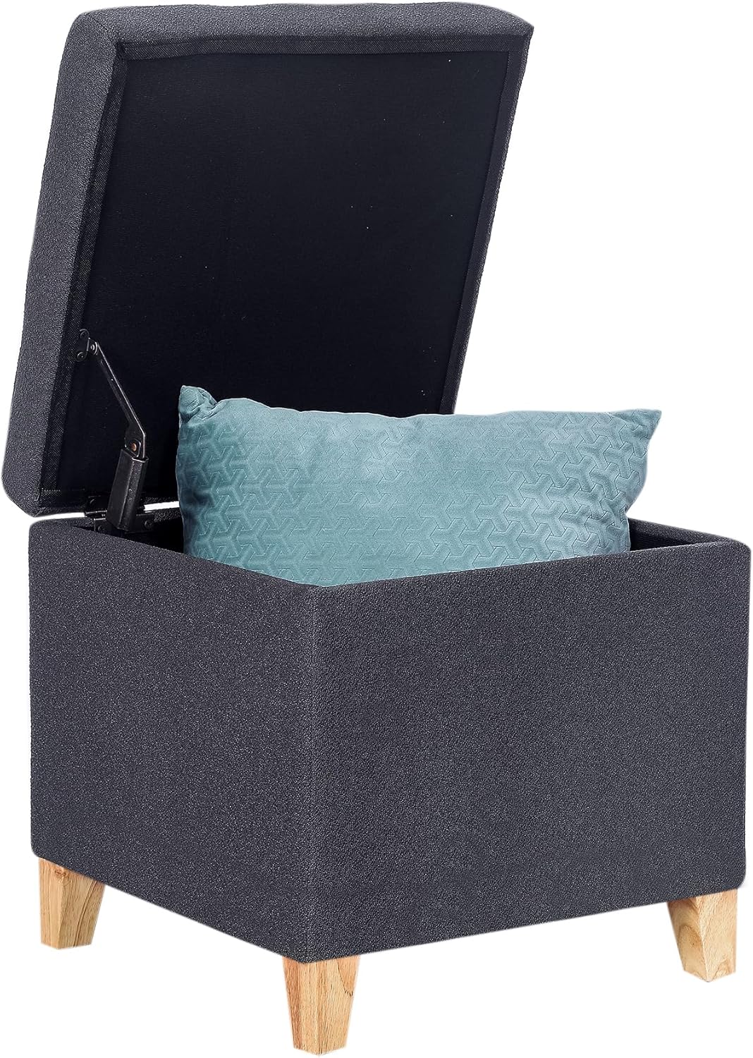 Adeco Fabric Storage Ottoman Bench with Solid Wood Legs, 17.7" Square Dark Grey Cotton Linen Cube