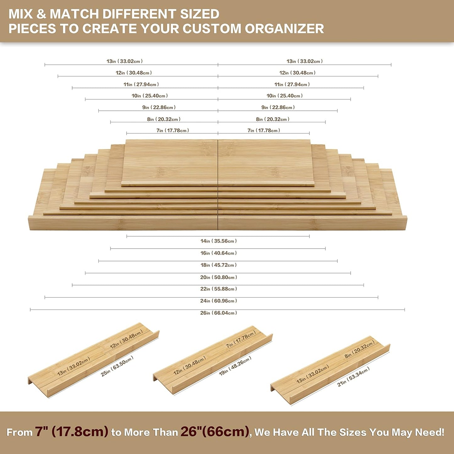 Bamboo Spice Rack Drawer Organizer - 8 Pieces Set- 7" Wide Per Piece - Combine Pieces Into 14" Wide