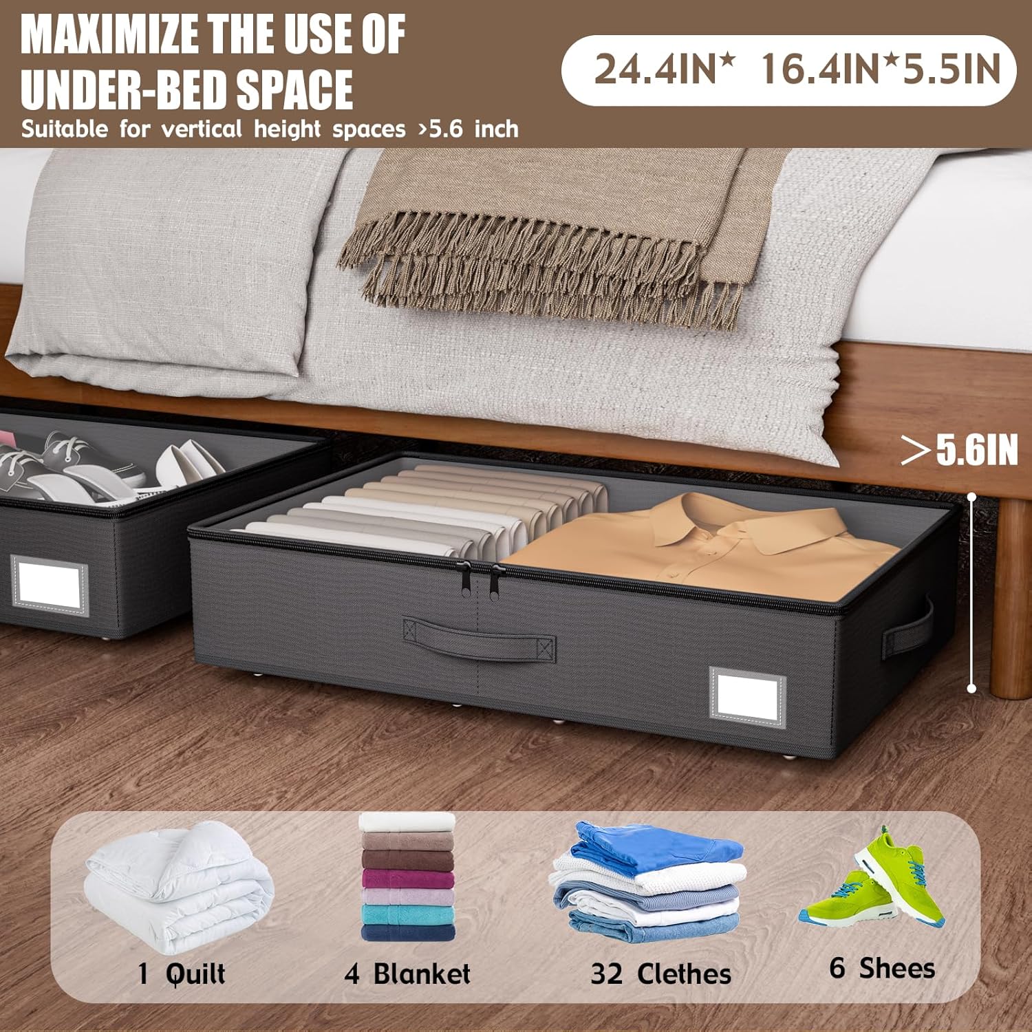 Underbed Storage With Wheels, No Assembly Required - 5.5 Inch Height Black Underbed Bins, Low