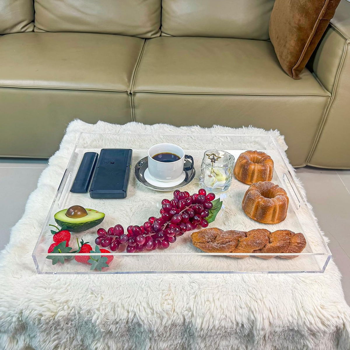 Clear Rectangular 16x20 Inches Acrylic Ottoman Tray Decorative Serving Tray with Cutout Handles