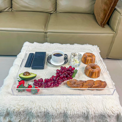 Clear Rectangular 16x20 Inches Acrylic Ottoman Tray Decorative Serving Tray with Cutout Handles