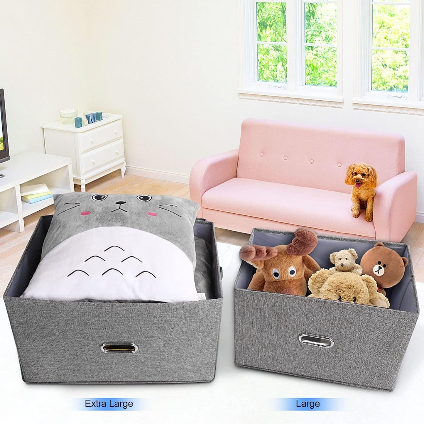 Large Linen Fabric Foldable Storage Bins with Removable Lid and Handles, Washable Storage Box
