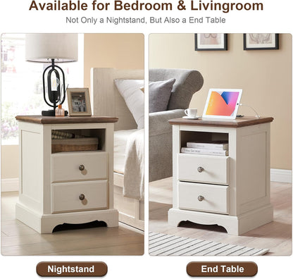 T4TREAM Nightstand with Charging Station, 18 Inch Vintage End Table with 2 Drawers, Wood Rustic