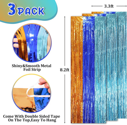 3 Pack 3.3 x 8.2 ft Blue Orange Foil Fringe Backdrop Curtains, Tinsel Streamers Party Decorations
