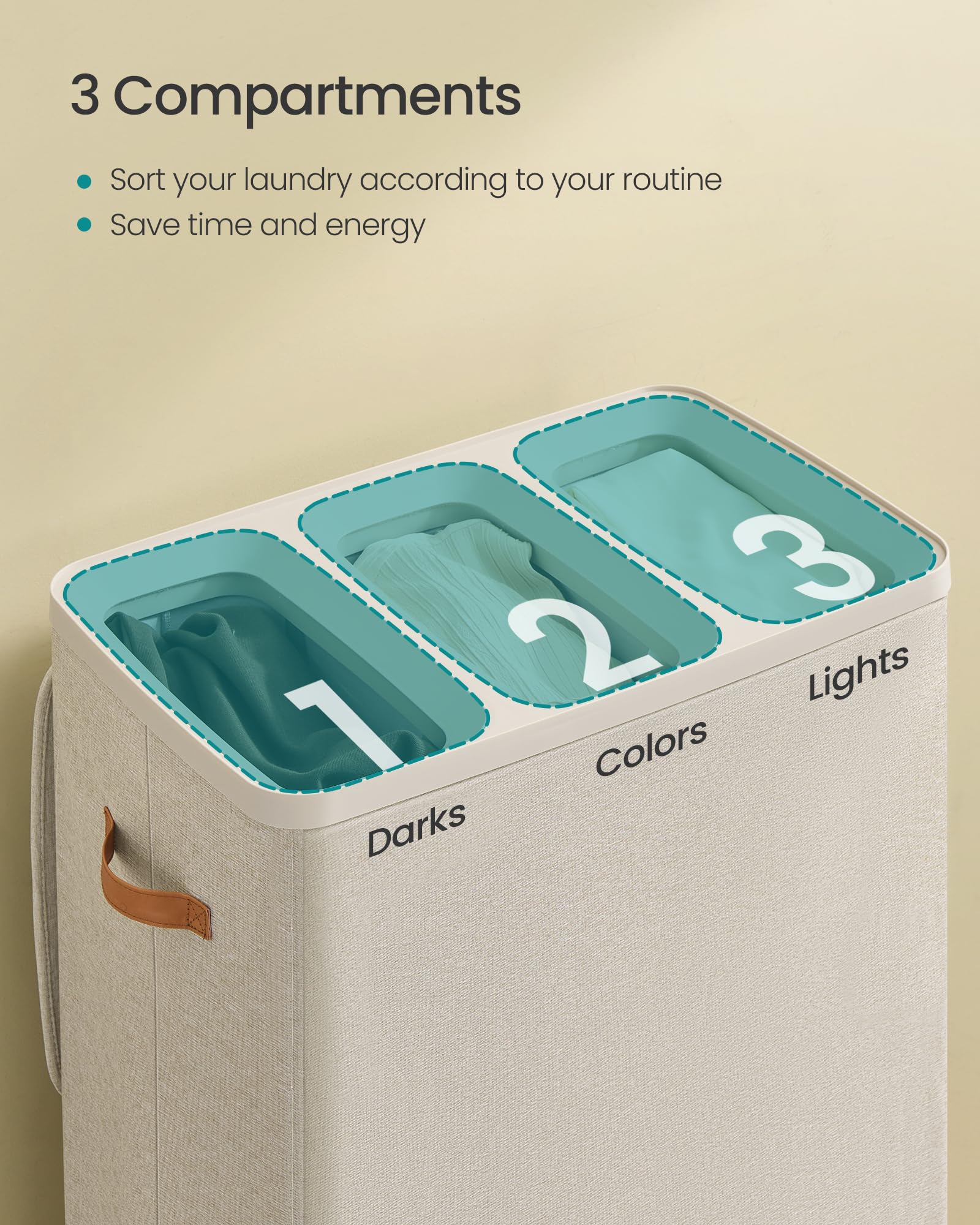 SONGMICS Laundry Basket, 50.2 Gal. Laundry Hamper, 3 Compartments, Easy Assembly, with Lid and