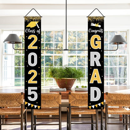 Graduation Decorations 2025 GRAD Banner Black Porch Door Sign Welcome Banner For Indoor Outdoor