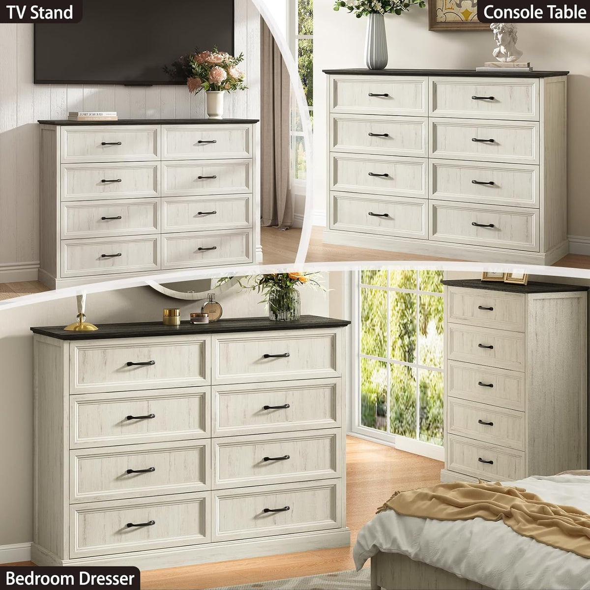 CARPETNAL Farmhouse 8 Drawer Dresser for Bedroom, 55" Wide Modern White Dresser TV Stand with Large