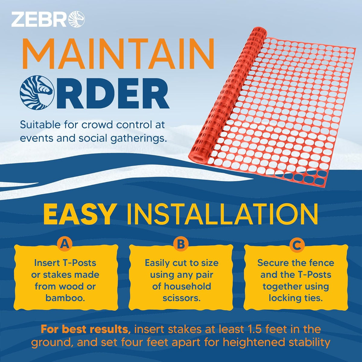 ZEBRO 4' x 50' Orange Plastic Garden Fence Roll – Standard Duty Safety Netting for Snow, Poultry