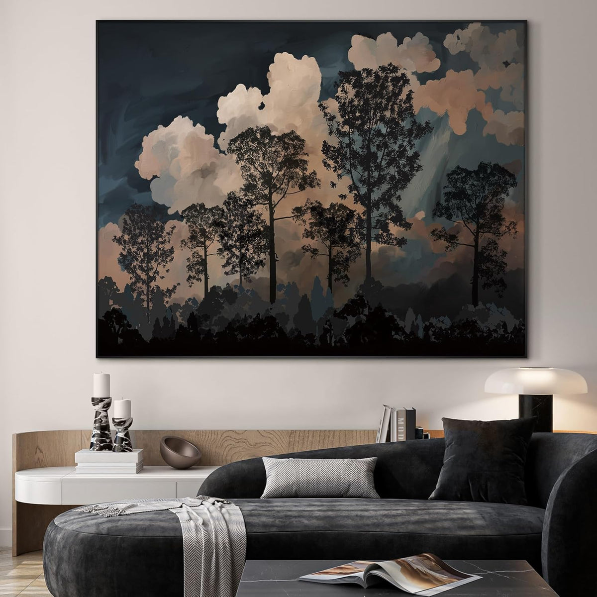 SIGNWIN 46"x60" Extra Large Framed Wall Art Silhouetted Trees at Dusk, Dramatic Forest and