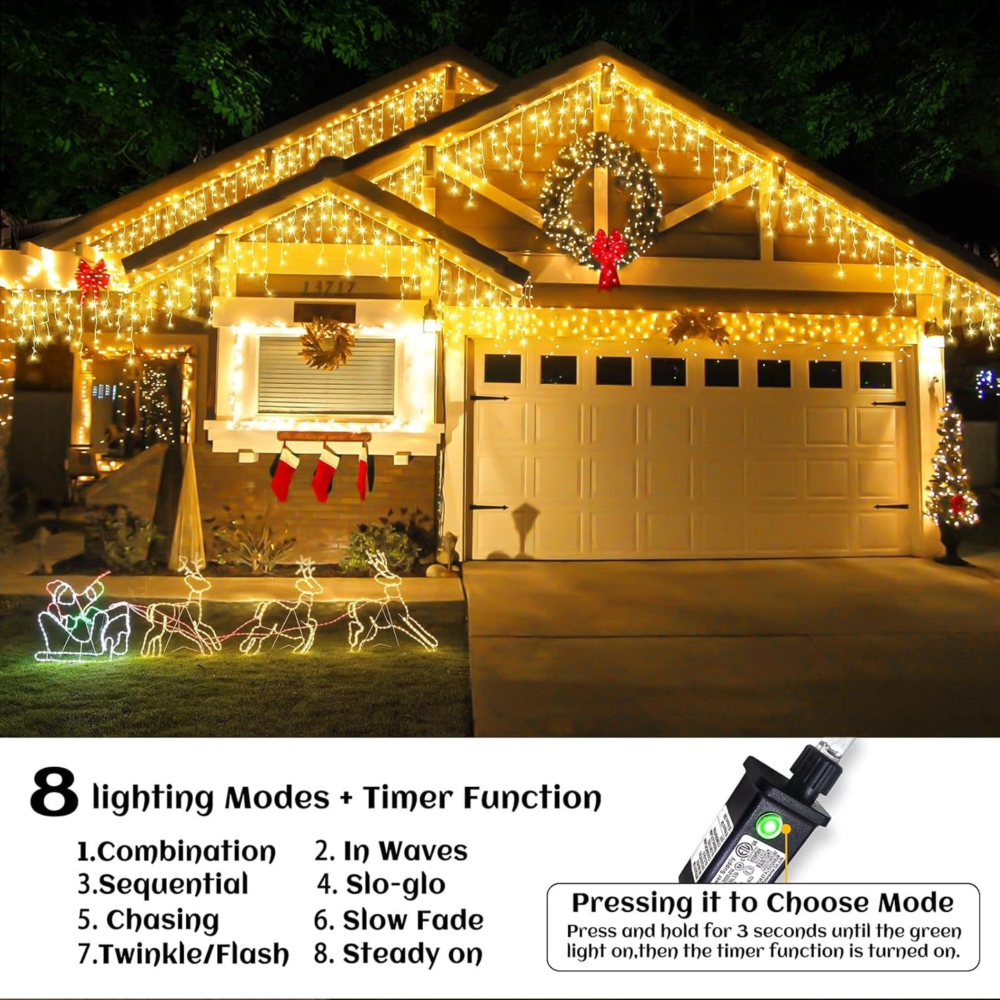 Icicle lights Outdoor - 33ft Christmas Lights with 400LED 75 Drops 8 Modes, Plug in Curtain String