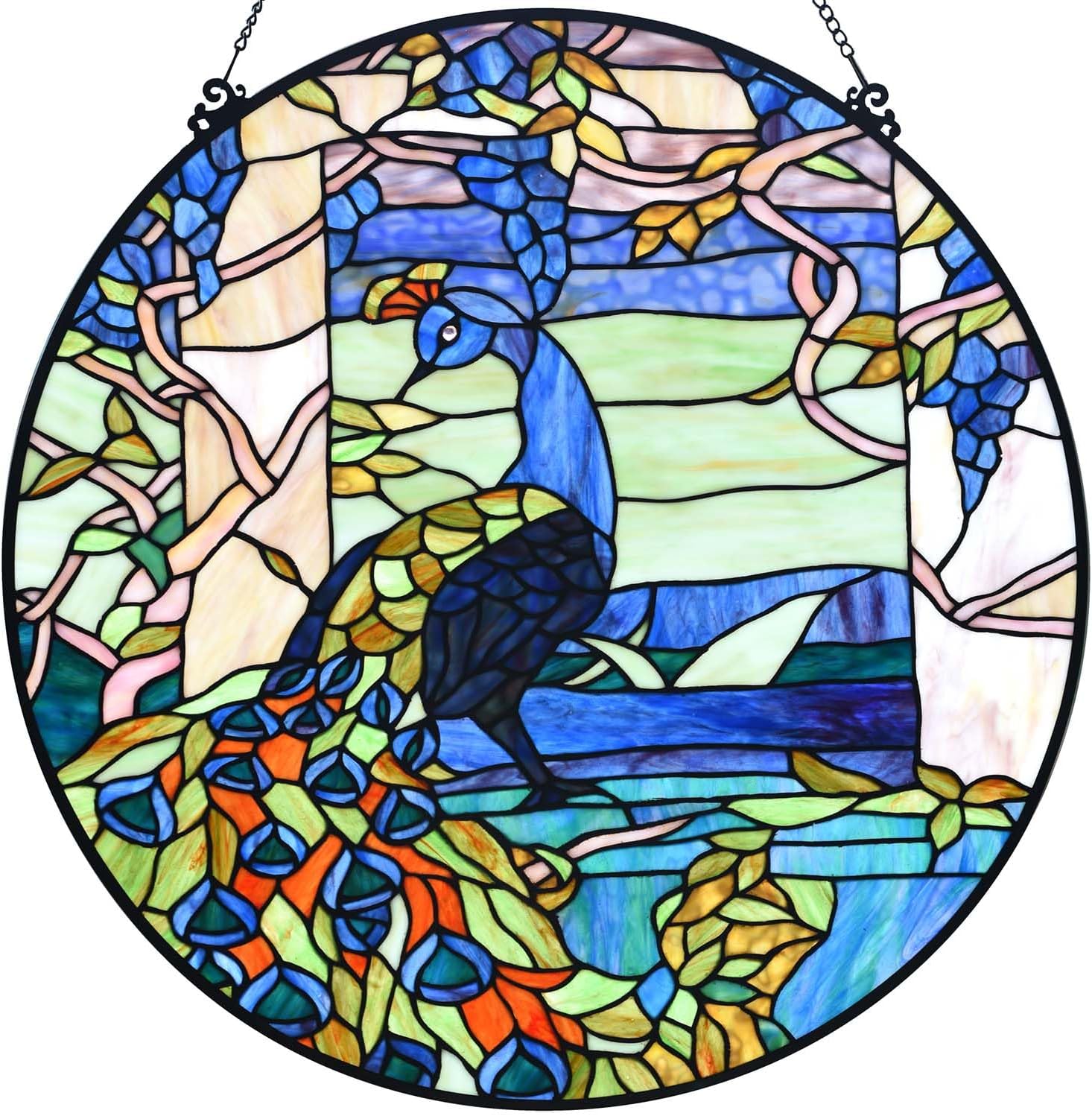 Bieye W10094 Peacock in Garden Tiffany Style Stained Glass Window Panel for Home Decor (Blue, 24"