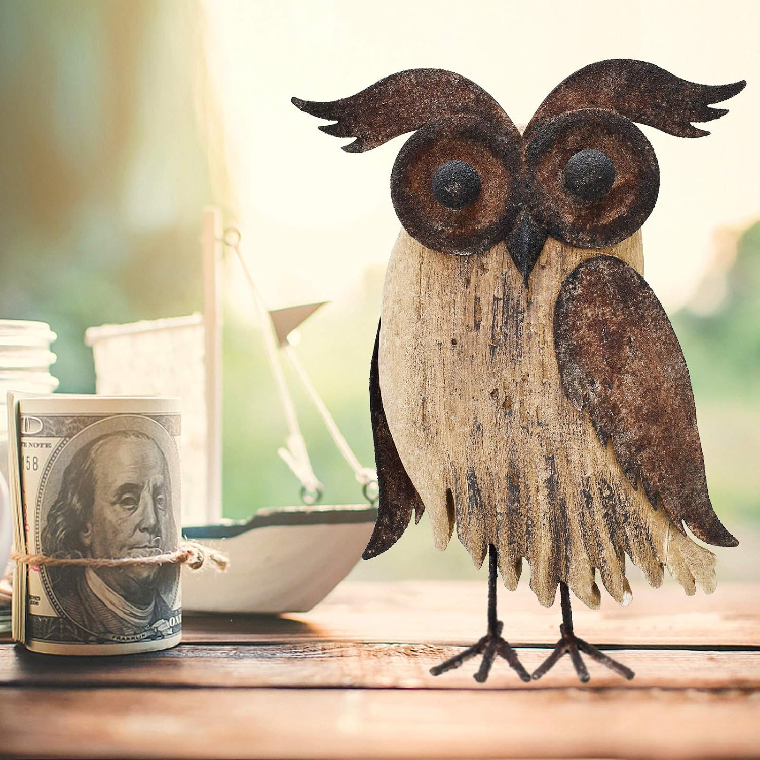Rustic Owl Figurines Decor Animal Statue for Home - Wooden Stand Owl Sculptures Decorations for