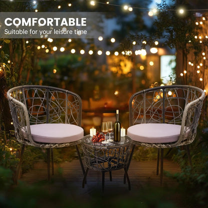 Kromax 3 Piece Bistro Set, Modern Outdoor Wicker Patio Furniture with Tempered Glass Table Top and