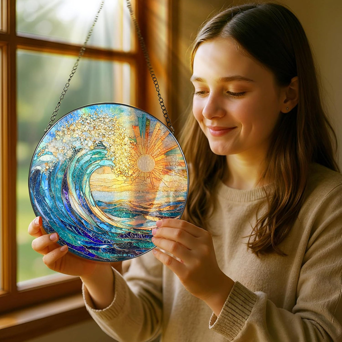 Sea Wave Stained Glass Suncatcher, 8 Inch Ocean Suncatchers for Window Hanging, Beach Lover Gifts