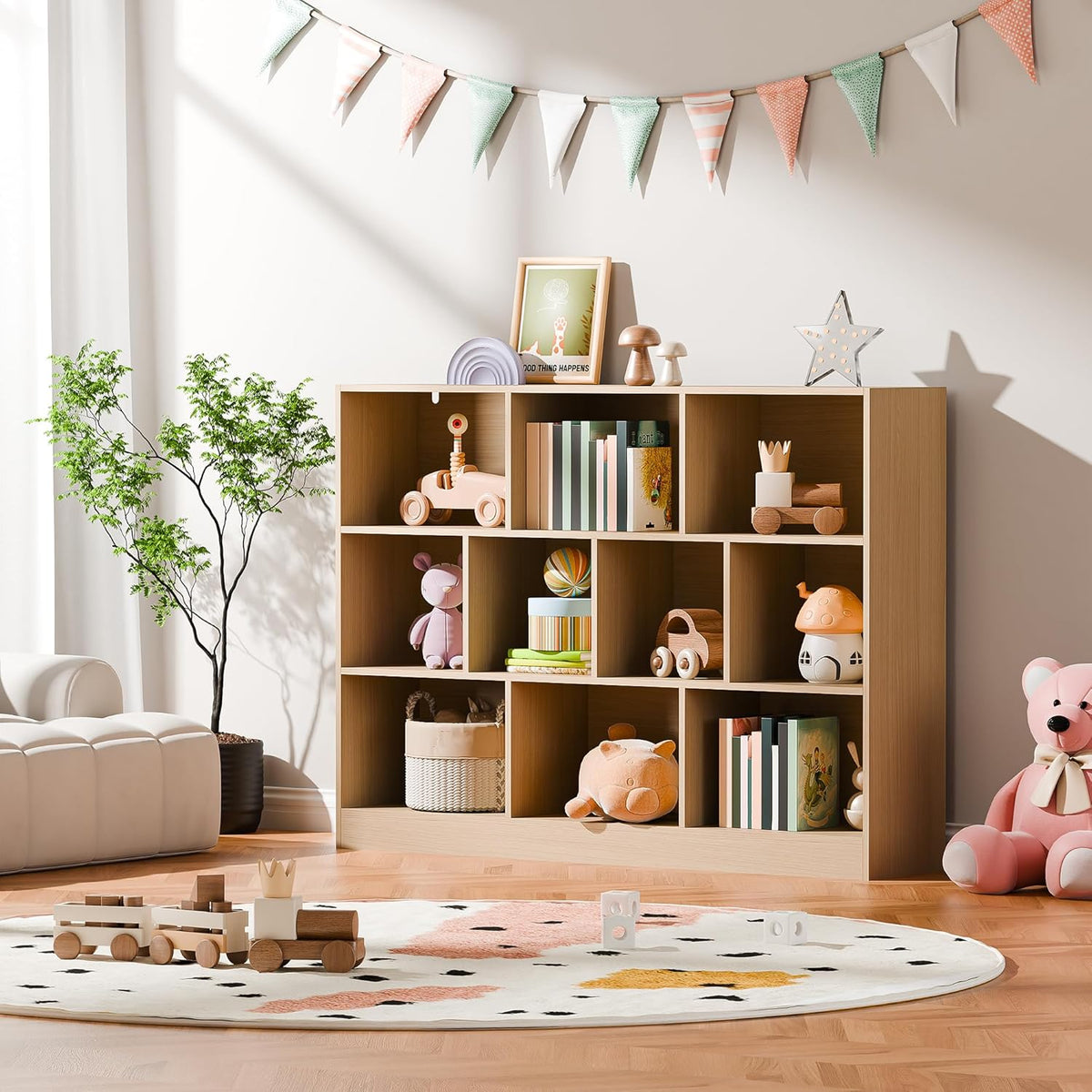 Cozy Castle Oak Bookshelf, 3-Tier Open Shelf Bookcase, 10 Cube Storage Organizer with Anti-Tilt