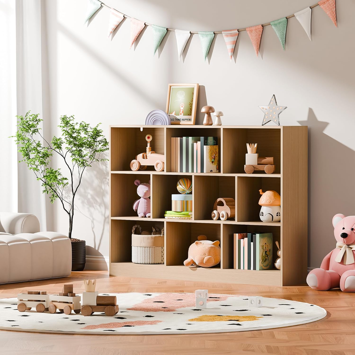 Cozy Castle Oak Bookshelf, 3-Tier Open Shelf Bookcase, 10 Cube Storage Organizer with Anti-Tilt