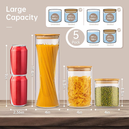 Multi Size - 5 Pack Glass Jars with Bamboo Lids, Glass Pantry Storage Containers with Airtight