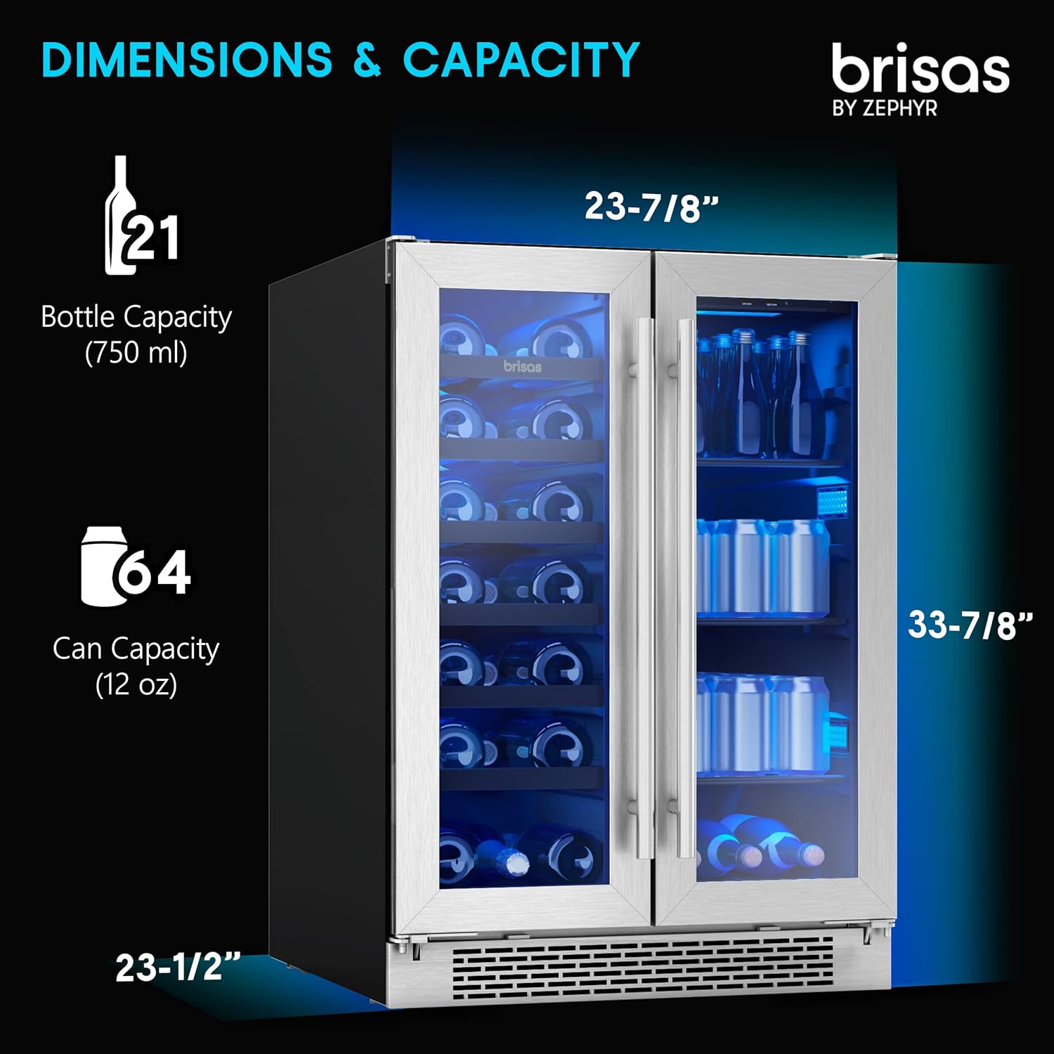 Zephyr Brisas 24 Inch Wine Fridge Dual Zone Under Counter Countertop Wine and Beverage Cooler