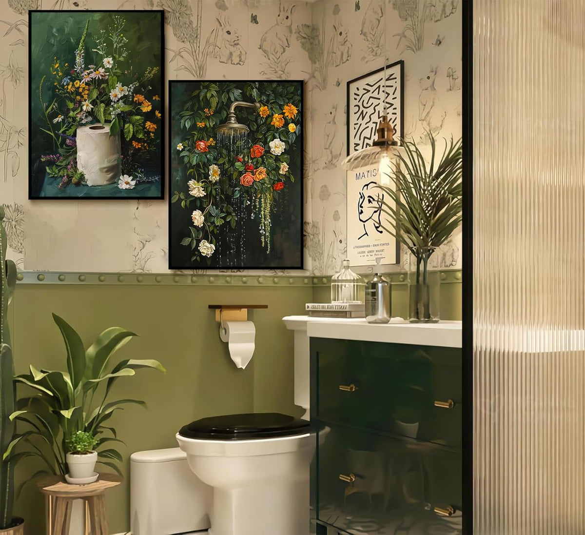 3Pcs Vintage Dark Green Bathroom Wall Art Shower Toilet Paper Roll Floral Poster Print Modern