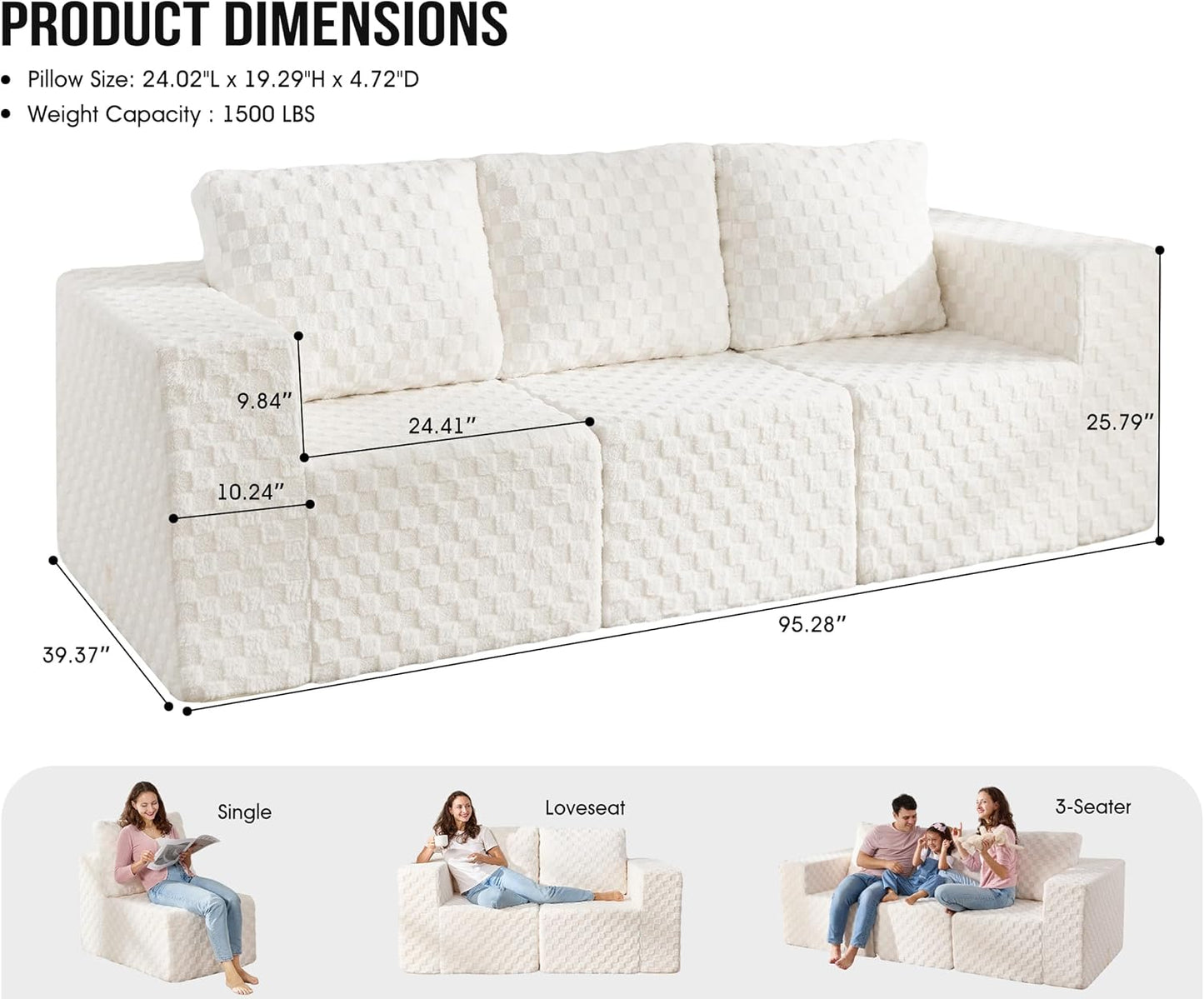 Modular Sectional Sofa 3-Seater Modular Couch with Deep Seat Memory Foam Cloud Chair with Pillows