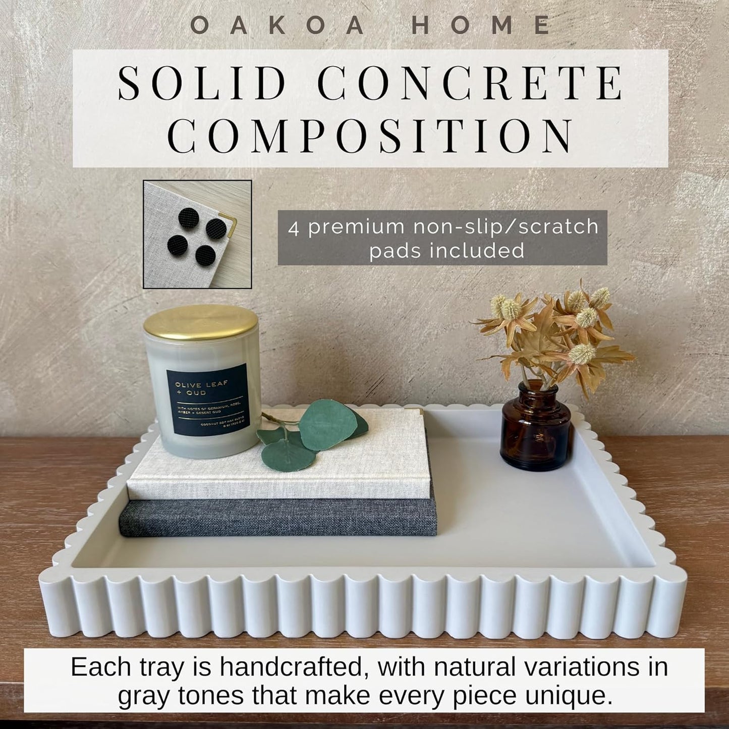 OAKOA Concrete Decorative Tray for Coffee Table Tray Decor - Ottoman Tray for Living Room