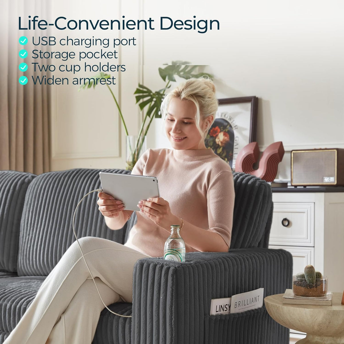 LINSY HOME Loveseat Sofa with Pull Out Couch: 2-in-1 Convertible 2 Seater Sofa Chaise with USB