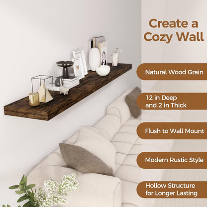Fun Memories 72 Inch Floating Shelf, 12 Inch Deep Wall Shelf for Fireplace Mantel, Deep Storage